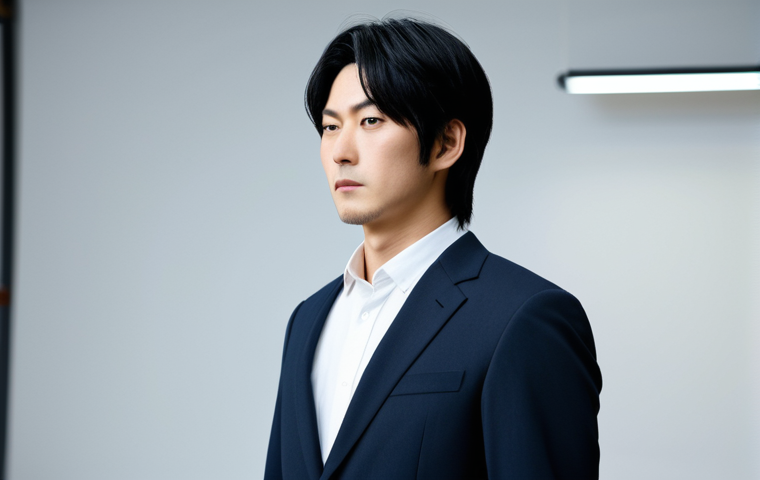 A professional Japanese male actor, inspired by Ryunosuke Kamiki, standing confidently in a modern studio. He wears a modest, stylish dark suit and a professional dress shirt. His expression is thoughtful, showcasing his versatile acting range. The background is a blurred studio set, hinting at various roles. Perfect anatomy, correct proportions, natural pose, well-formed hands, proper finger count. Professional photography, high-quality, safe for work, appropriate content, fully clothed, modest, family-friendly.