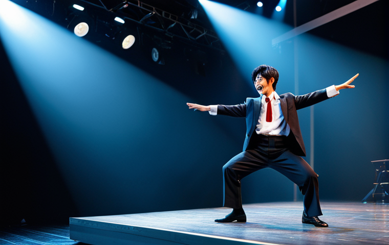 A professional Japanese male artist, fully clothed in modest, stylish performance attire, is captured in a dynamic, energetic pose on a brightly lit concert stage. In a split composition, the other half shows him in a professional film studio, embodying a dramatic character with subtle emotional depth, wearing appropriate, professional acting costume. Both scenes depict a versatile artist, showcasing perfect anatomy, correct proportions, well-formed hands, and natural poses. The image is high quality, professional photography, appropriate content, family-friendly, and safe for work.