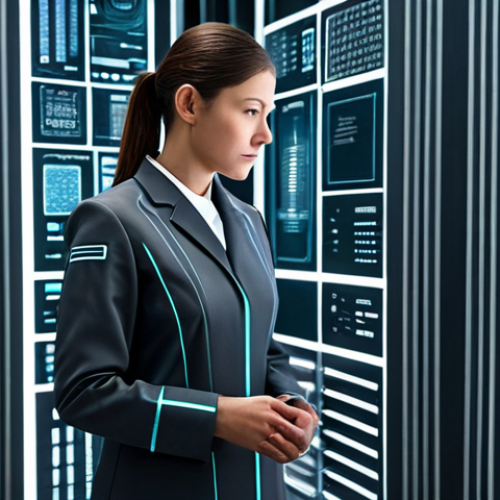 Home 8 A professional individual, fully clothed in a modest, sleek, dark grey and silver futuristic work uniform with subtle, abstract circuit patterns integrated into the fabric. The subject is standing thoughtfully in a clean, high-tech laboratory environment. The background features minimalist design, glowing digital displays, and integrated, non-intrusive technological elements that subtly reflect on the evolving relationship between humanity and technology. The lighting is crisp and modern. safe for work, appropriate content, fully clothed, perfect anatomy, correct proportions, natural pose, well-formed hands, proper finger count, natural body proportions, professional photography, high quality, professional, family-friendly.