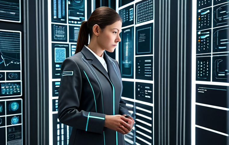 A professional individual, fully clothed in a modest, sleek, dark grey and silver futuristic work uniform with subtle, abstract circuit patterns integrated into the fabric. The subject is standing thoughtfully in a clean, high-tech laboratory environment. The background features minimalist design, glowing digital displays, and integrated, non-intrusive technological elements that subtly reflect on the evolving relationship between humanity and technology. The lighting is crisp and modern. safe for work, appropriate content, fully clothed, perfect anatomy, correct proportions, natural pose, well-formed hands, proper finger count, natural body proportions, professional photography, high quality, professional, family-friendly.