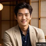 Home 23 후쿠시 소타 인터뷰 정리 - A portrait of a shy yet charismatic Japanese actor in his late twenties, wearing stylish casual clot...