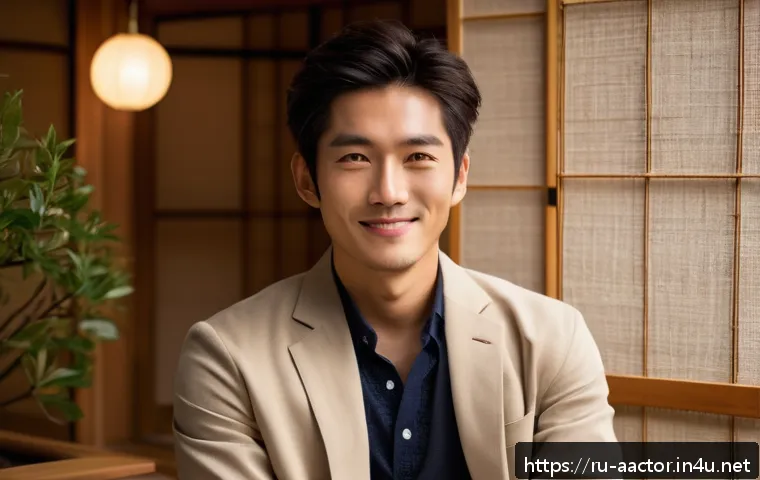 후쿠시 소타 인터뷰 정리 - A portrait of a shy yet charismatic Japanese actor in his late twenties, wearing stylish casual clot...