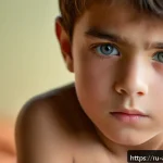 Home 19 호소다 에이지 명연기 장면 - A detailed close-up of a young boy in underwear, expressing subtle emotions of loneliness and jealou...