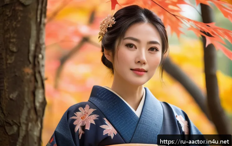 오카다 마사키 영화 대표작 - A close-up portrait of a Japanese actress in her 30s, wearing elegant traditional kimono with subtle...