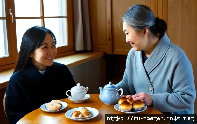Home 17 야마기시 히토미 가족 이야기 - Photorealistic family story scene, a Japanese woman in her early forties warmly visiting an elderly ...